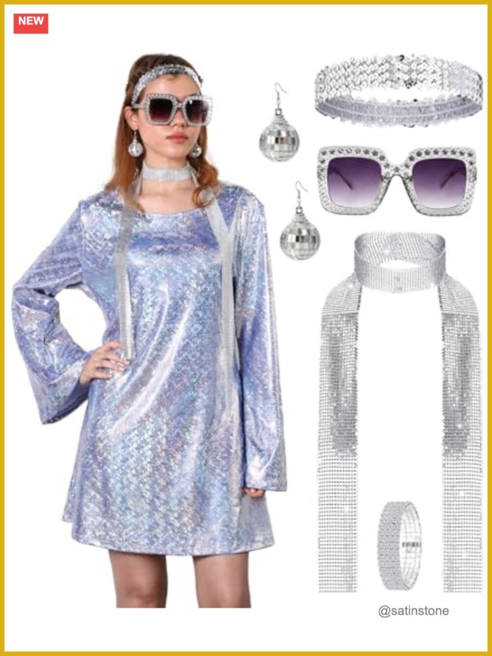 70s Disco Costume Mini Dress Flared Sleeve Retro Dance Party Women